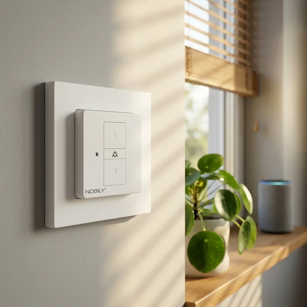 Detailansicht des Nobily ZSM Home Rollladenschalters: Cleanes Design an der Wand, perfekt vernetzt mit dem Smart Speaker auf der Fensterbank.