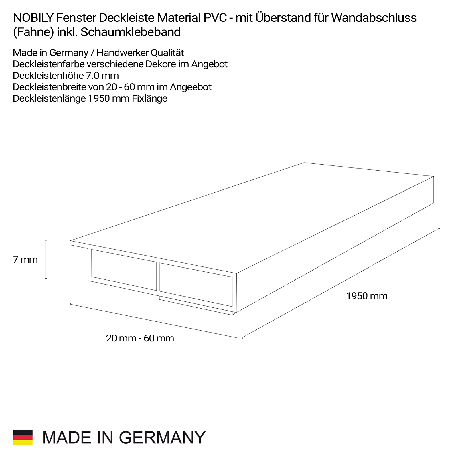 Deckleiste - Fensterleiste Weiß Breite 30mm - Länge 1950mm, 1 Stück