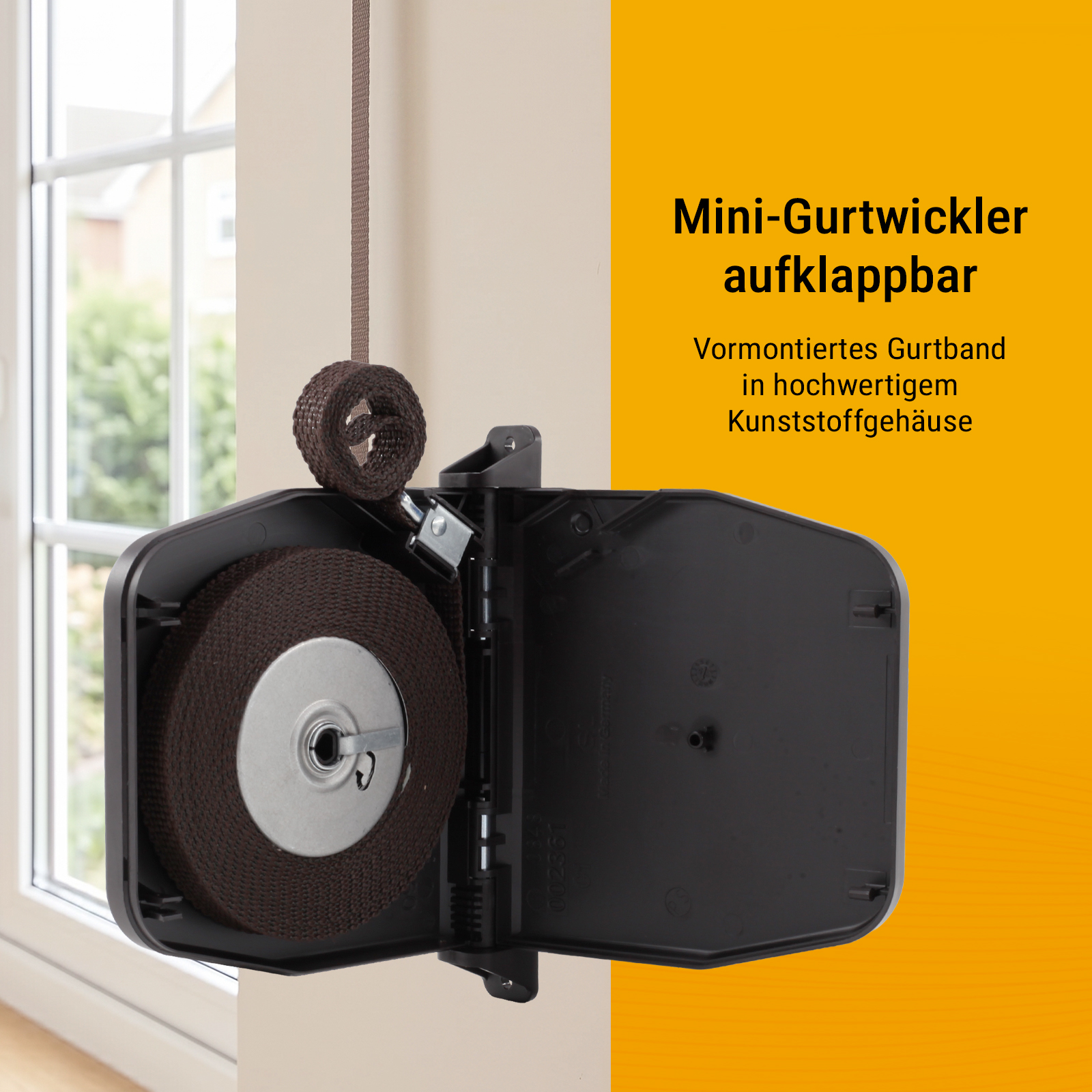 1x Gurtwickler 14mm AP braun, schwenkbar mit 5m Gurt, aufklappbar