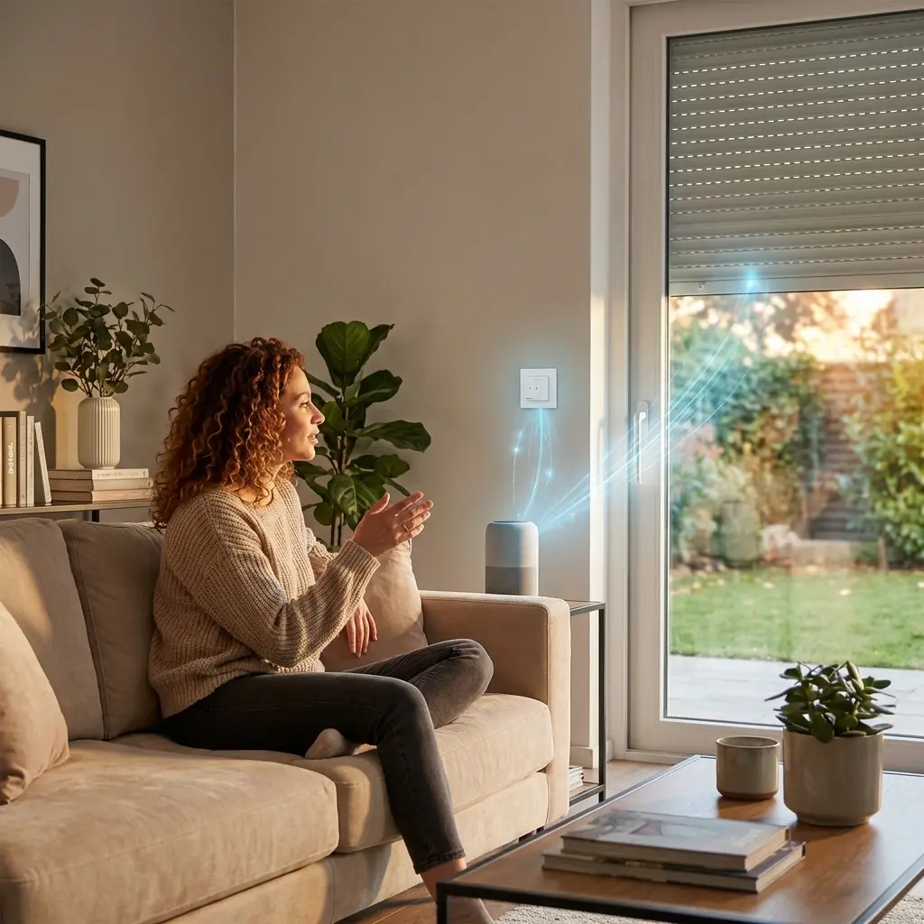 Smarte Rollladensteuerung im Wohnzimmer: Drahtlose Verbindung zwischen Smart Speaker, Nobily ZSM Home Modul und dem Rollladen.