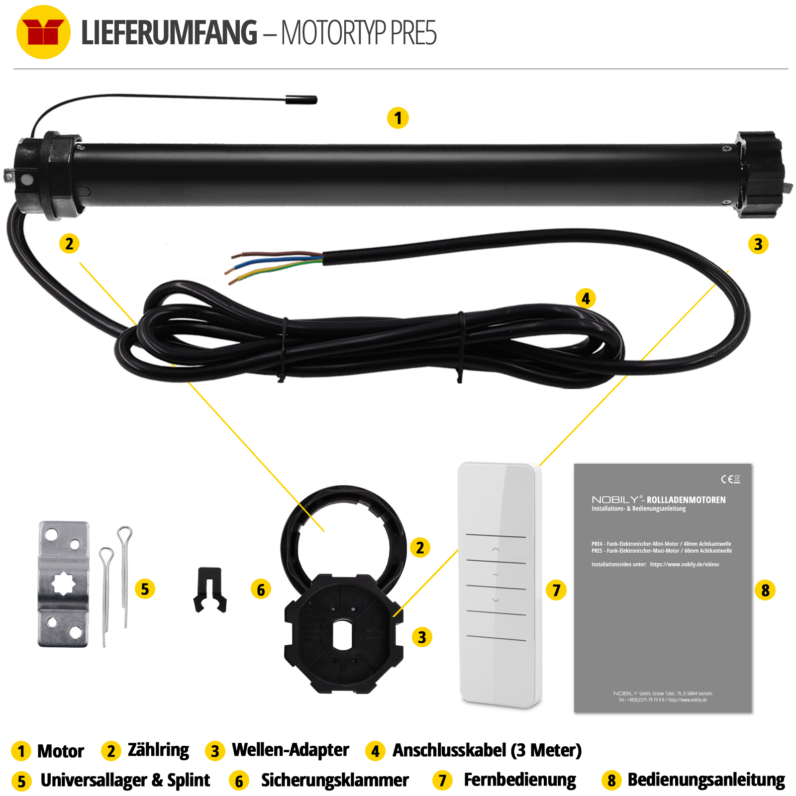 Nobily Rolladenmotor PRE5 Lieferumfang Nobily Rolladenmotor PRE5