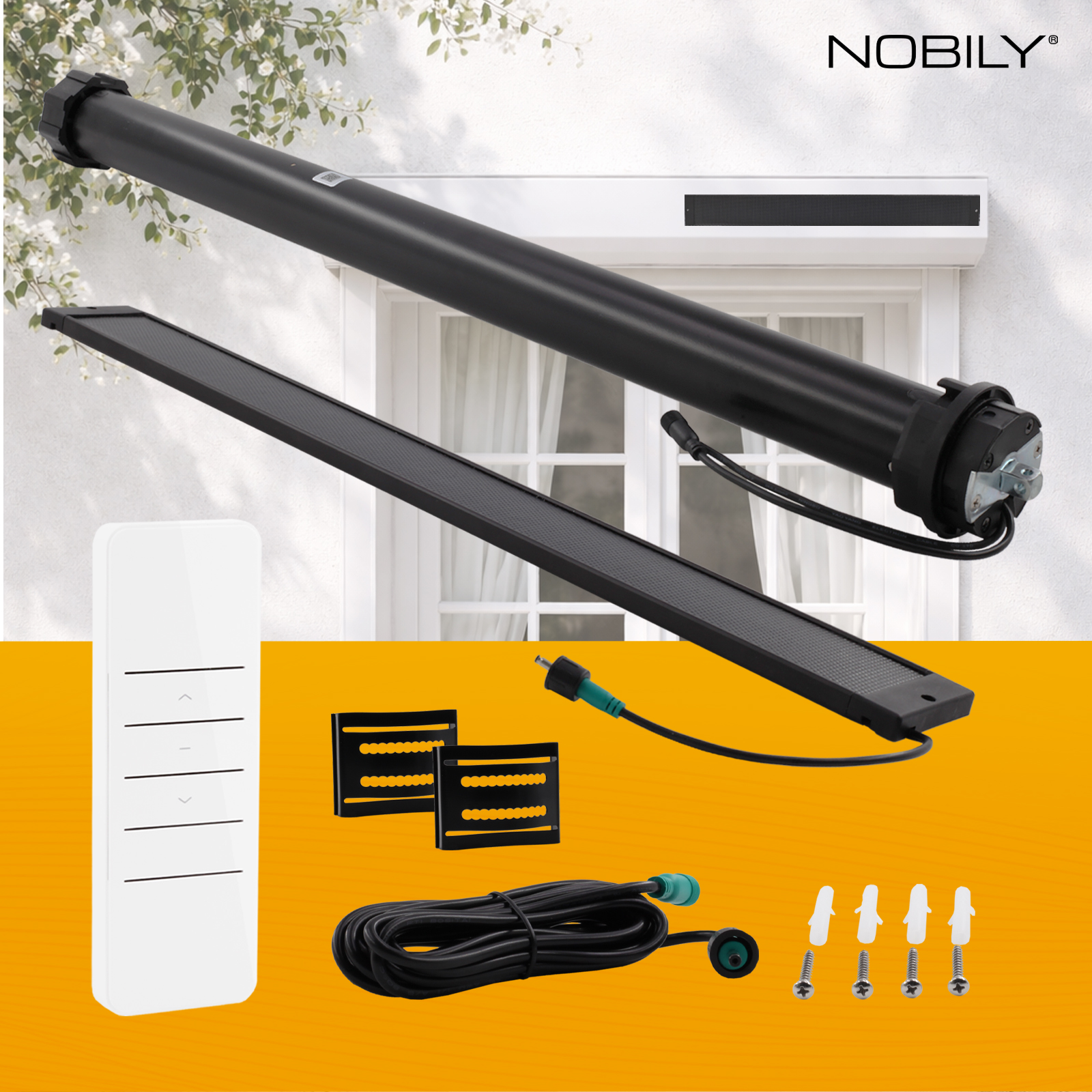 NOBILY Solarpaket Maxi Rollladenmotor u. Solarpanel Zugkraft 20Nm / 50kg SW60 12V inkl. bidirektionalem 1-Kanal-Handsender