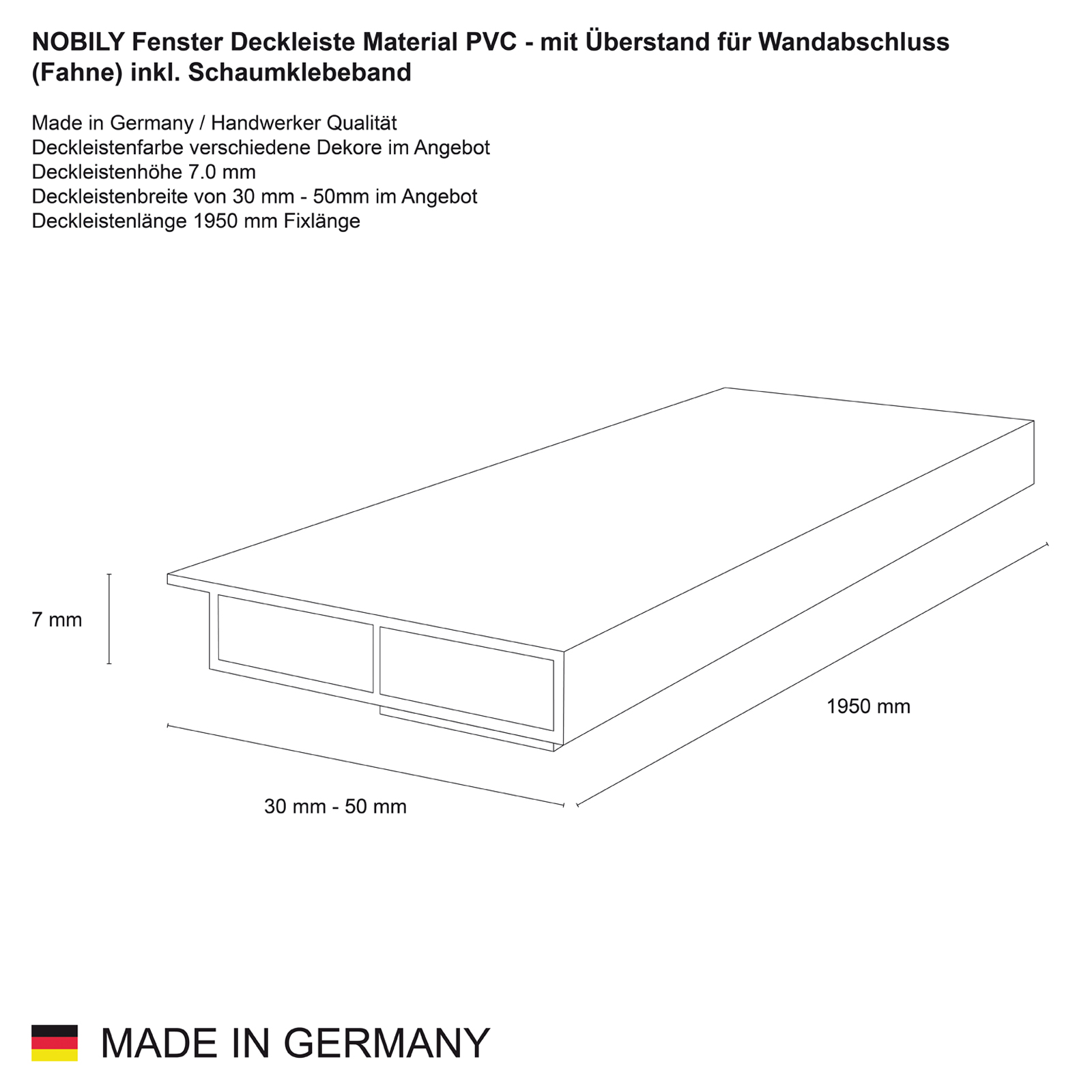 Deckleiste - Fensterleiste Weiß Breite 30mm - 50mm - Länge 1950mm - 4,56€ /m