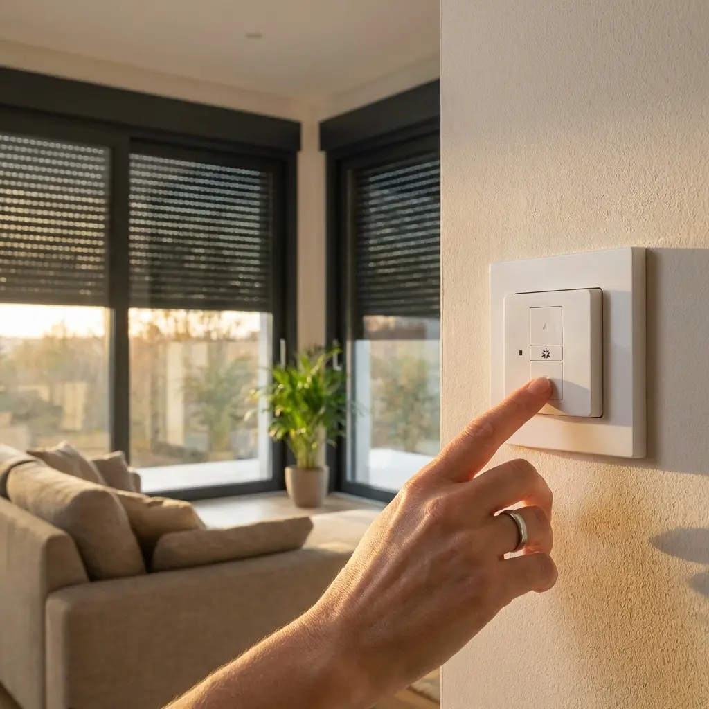 Trotz Smart Home jederzeit manuell bedienbar: Ein Finger tippt auf den smarten Nobily ZSM Home Rollladenschalter an der Wand.