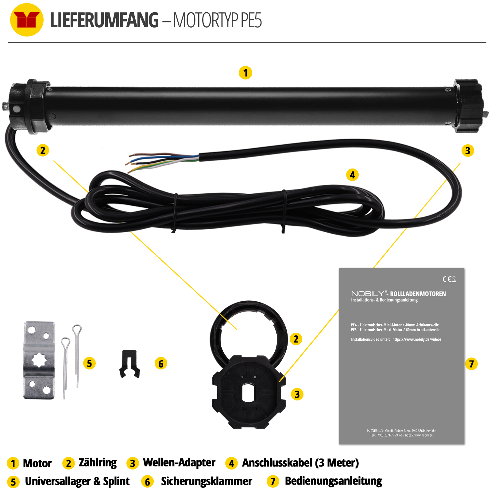 Nobily Rolladenmotor PE5 Lieferumfang Nobily Rolladenmotor PE5