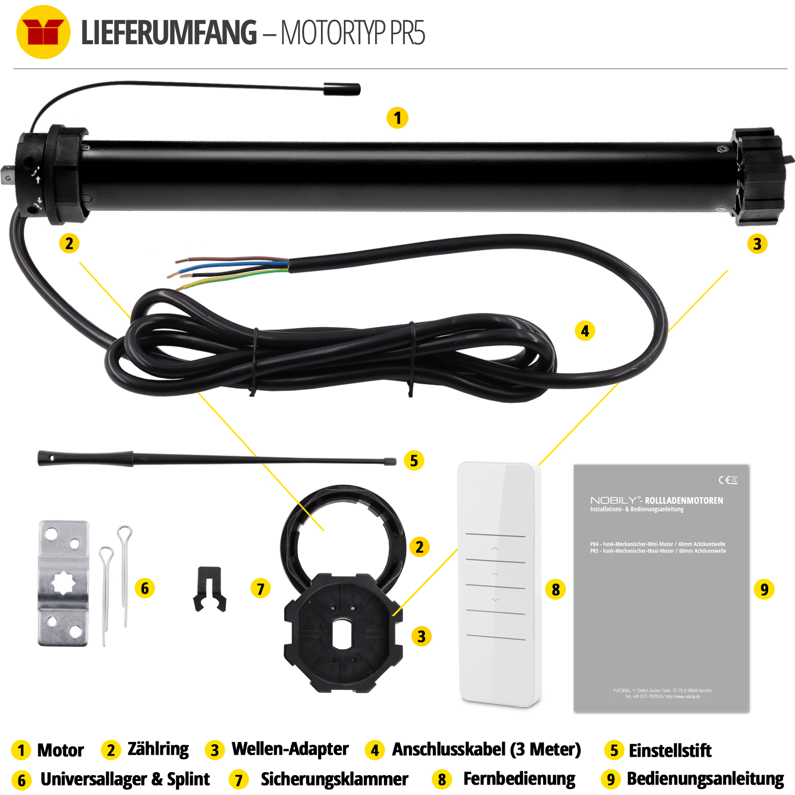 Nobily Rolladenmotor PR5 Lieferumfang Nobily Rolladenmotor PR5
